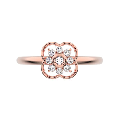 0.095 ct Round Cut Simulated Clear Diamond dainty Minimalist star bezel halo clover leaf halo 14K / 18K Solid Rose Gold everyday ring