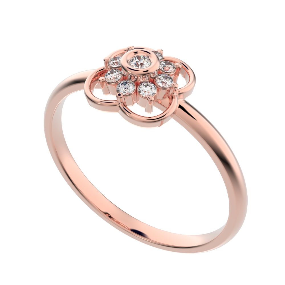 0.095 ct Round Cut Simulated Clear Diamond dainty Minimalist star bezel halo clover leaf halo 14K / 18K Solid Rose Gold everyday ring