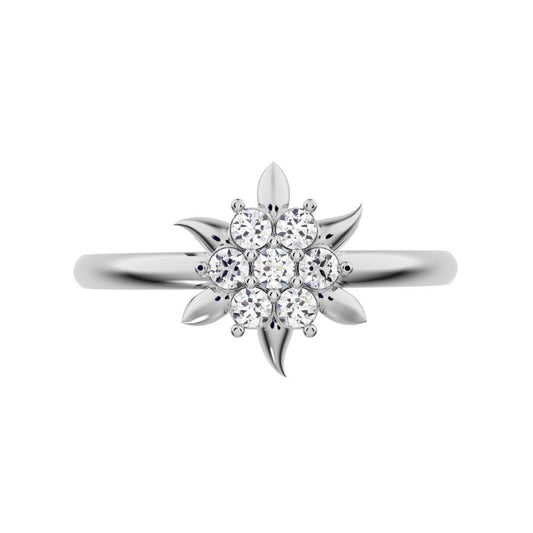 0.105 ct Round Cut Moissanite dainty Minimalist star eye halo floral petal cluster 14K / 18K Solid White Gold everyday ring
