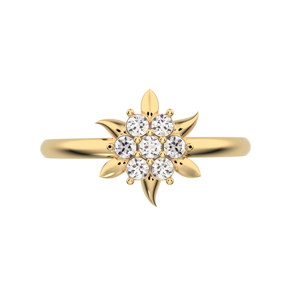 0.105 ct Round Cut Moissanite dainty Minimalist star eye halo floral petal cluster 14K / 18K Solid Yellow Gold everyday ring