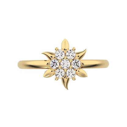 0.105 ct Round Cut Moissanite dainty Minimalist star eye halo floral petal cluster 14K / 18K Solid Yellow Gold everyday ring