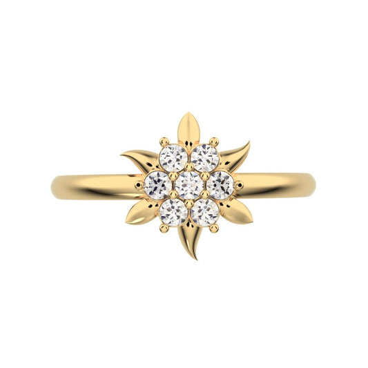 0.105 ct Round Cut Moissanite dainty Minimalist star eye halo floral petal cluster 14K / 18K Solid Yellow Gold everyday ring
