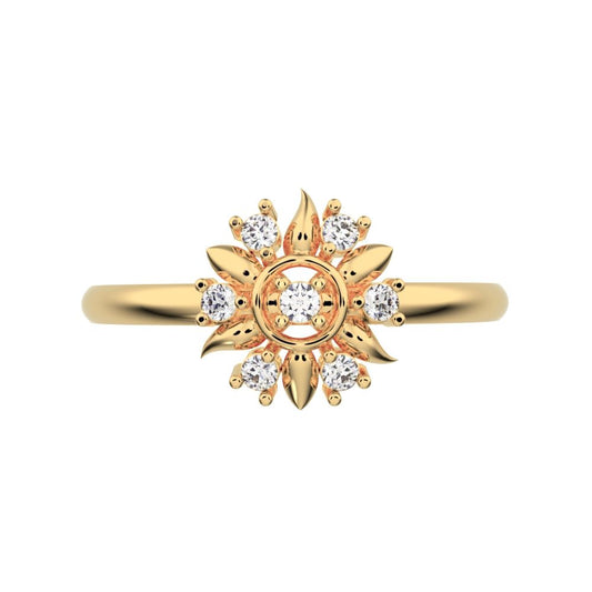 0.075 ct Round Cut Moissanite dainty Minimalist star eye halo floral petal 14K / 18K Solid Yellow Gold everyday ring