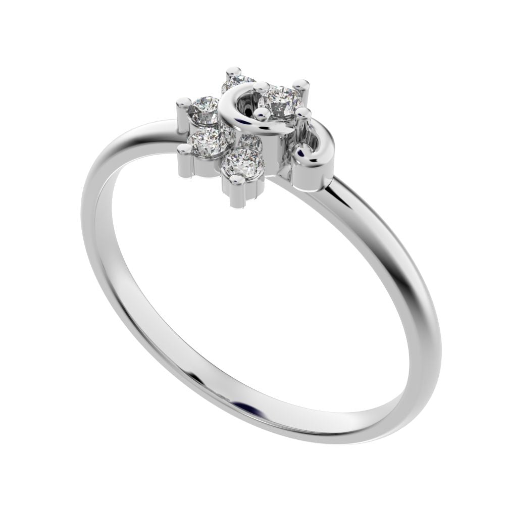 0.075 ct Round Cut Moissanite dainty Minimalist half moon eye halo floral cluster 14K / 18K Solid White Gold everyday ring