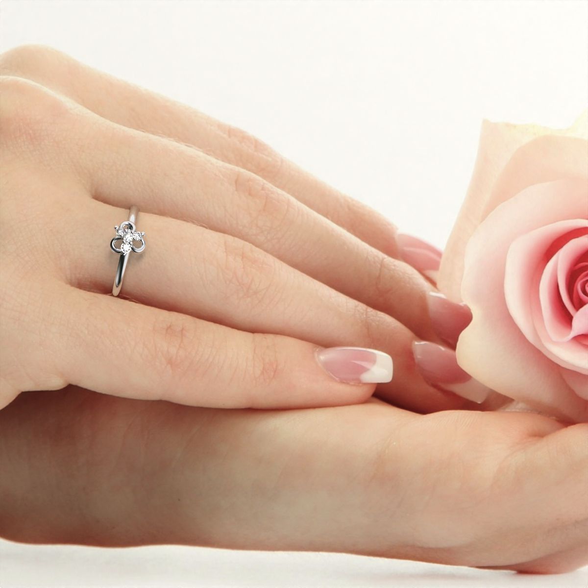 0.08 ct Round Cut Simulated Clear Diamond dainty Minimalist halo floral clover leaf 14K / 18K Solid White Gold everyday ring