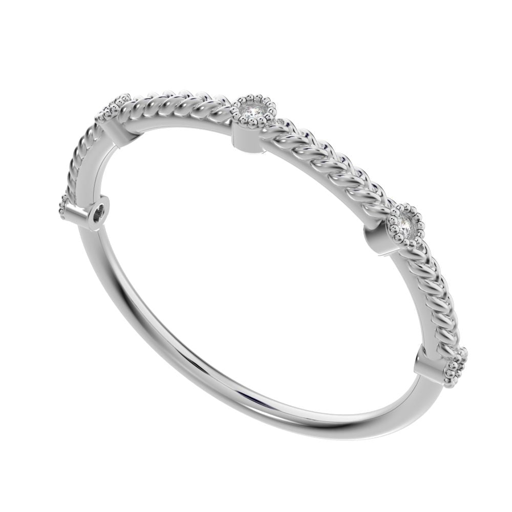 0.0375 ct Round Cut Moissanite dainty Minimalist Stackable knot milgrain rope 14K / 18K Solid White Gold everyday wedding band