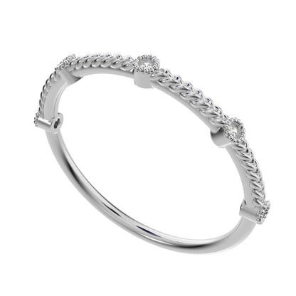 0.0375 ct Round Cut Moissanite dainty Minimalist Stackable knot milgrain rope 14K / 18K Solid White Gold everyday wedding band