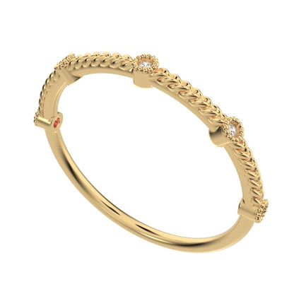 0.0375Ct Round Cut Simulated Clear Diamond dainty Minimalist Stackable knot milgrain rope 14K / 18K Solid Yellow Gold everyday wedding band