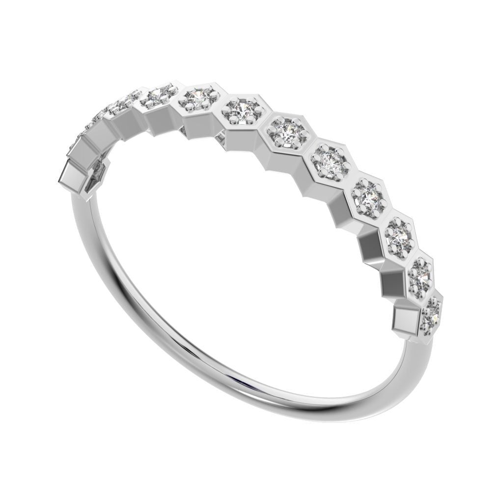 0.13 ct Round Cut Moissanite dainty Minimalist Stackable Half Eternity bezel hexagon 14K / 18K Solid White Gold everyday wedding band