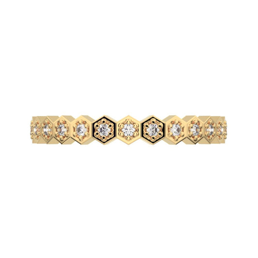 0.13 ct Round Cut Moissanite dainty Minimalist Stackable Half Eternity bezel hexagon 14K / 18K Solid Yellow Gold everyday wedding band