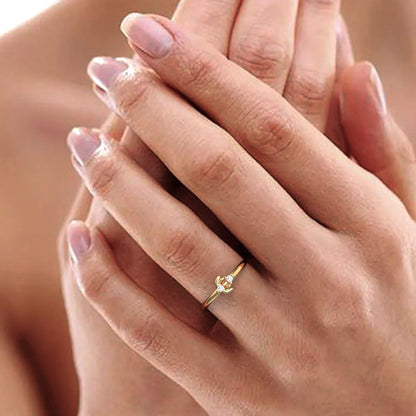 0.03 ct Round Cut Simulated Clear Diamond dainty Minimalist floral petal half moon horse shoe 14K / 18K Solid Yellow Gold everyday ring