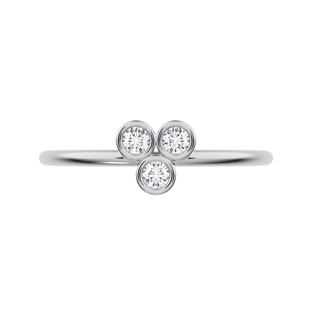 0.09 ct Round Cut Simulated Clear Diamond dainty Minimalist overlap bezel 3 stone light cluster 14K / 18K Solid White Gold everyday ring