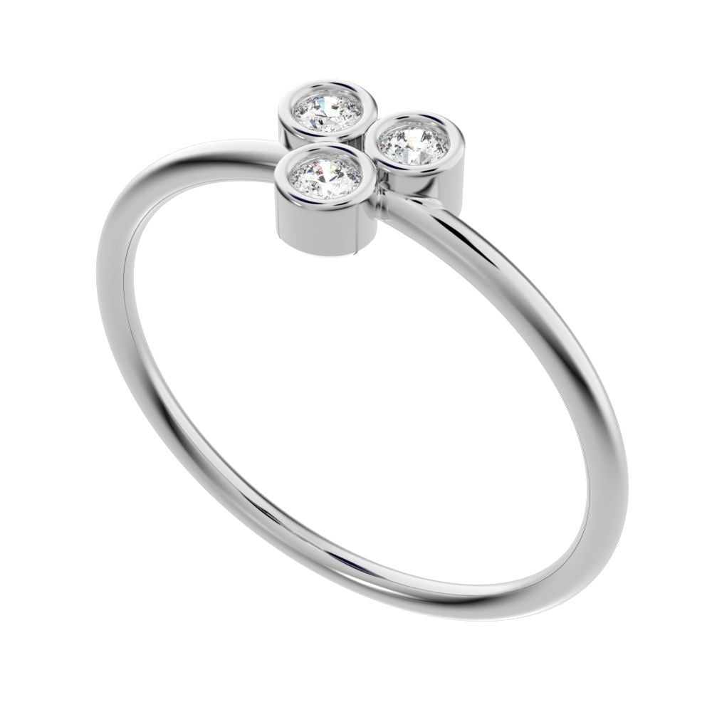0.09 ct Round Cut Simulated Clear Diamond dainty Minimalist overlap bezel 3 stone light cluster 14K / 18K Solid White Gold everyday ring