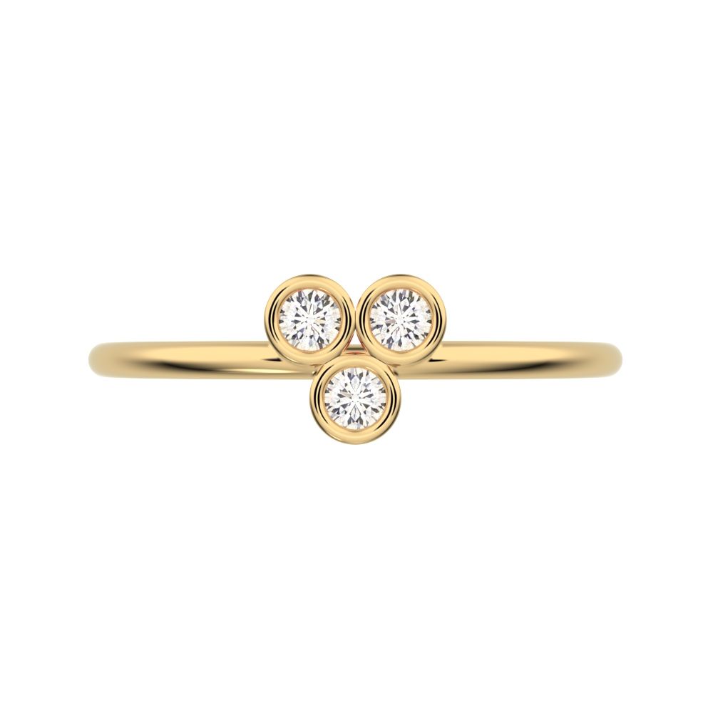 0.09 ct Round Cut Moissanite dainty Minimalist overlap bezel 3 stone light cluster 14K / 18K Solid Yellow Gold everyday ring