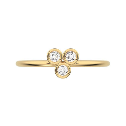 0.09 ct Round Cut Moissanite dainty Minimalist overlap bezel 3 stone light cluster 14K / 18K Solid Yellow Gold everyday ring