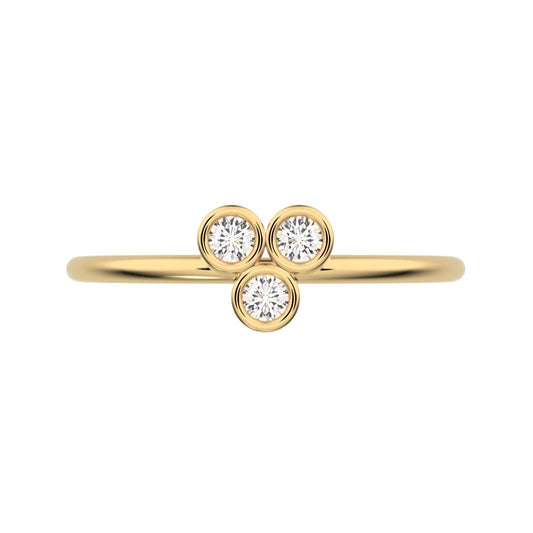 0.09 ct Round Cut Moissanite dainty Minimalist overlap bezel 3 stone light cluster 14K / 18K Solid Yellow Gold everyday ring
