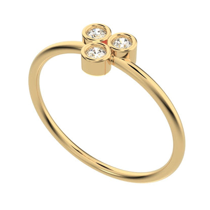0.09 ct Round Cut Moissanite dainty Minimalist overlap bezel 3 stone light cluster 14K / 18K Solid Yellow Gold everyday ring