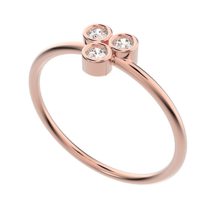 0.09 ct Round Cut Moissanite dainty Minimalist overlap bezel 3 stone light cluster 14K / 18K Solid Rose Gold everyday ring