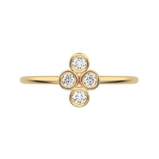 0.12 ct Round Cut Moissanite dainty Minimalist vertical bezel 4 stone cluster light 14K / 18K Solid Yellow Gold everyday ring