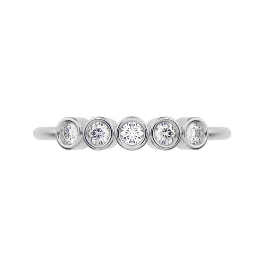0.15 ct Round Cut Moissanite dainty Minimalist bezel Stackable 5 stone Stackable 14K / 18K Solid White Gold everyday wedding band