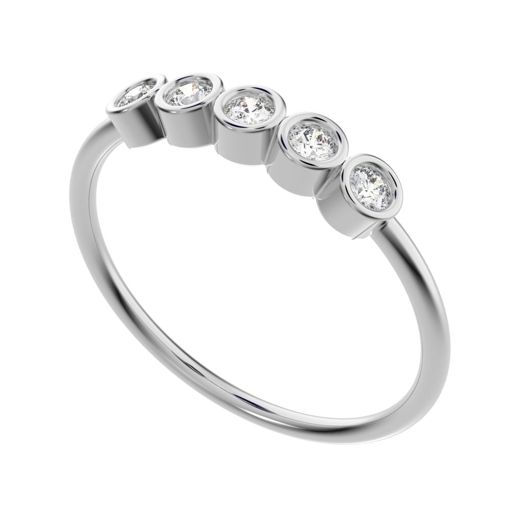 0.15 ct Round Cut Moissanite dainty Minimalist bezel Stackable 5 stone Stackable 14K / 18K Solid White Gold everyday wedding band