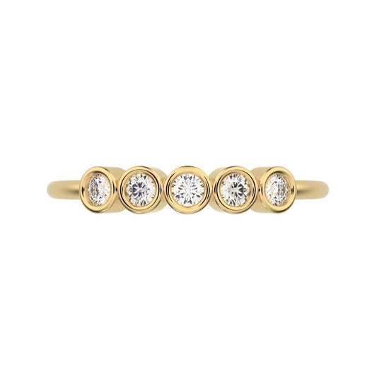 0.15 ct Round Cut Moissanite dainty Minimalist bezel Stackable 5 stone Stackable 14K / 18K Solid Yellow Gold everyday wedding band