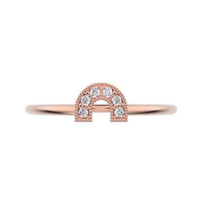 0.06Ct Round Cut Moissanite dainty Minimalist Horseshoe Semi-circle Milgrain pave Stackable 14K / 18K Solid Rose Gold everyday wedding band