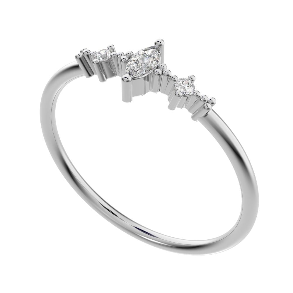0.145 ct Marquise Cut Simulated Clear Diamond dainty Minimalist 3 stone solitaire with accents 14K / 18K Solid White Gold everyday ring