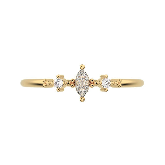0.145 ct Marquise Cut Simulated Clear Diamond dainty Minimalist 3 stone solitaire with accents 14K / 18K Solid Yellow Gold everyday ring