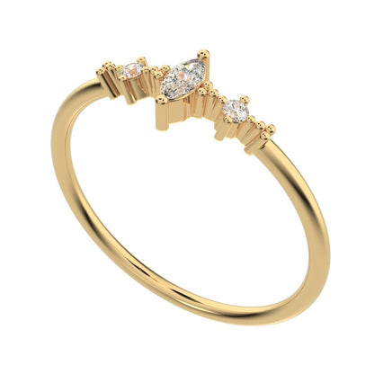 0.145 ct Marquise Cut Simulated Clear Diamond dainty Minimalist 3 stone solitaire with accents 14K / 18K Solid Yellow Gold everyday ring