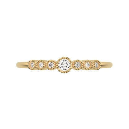 0.085 ct Round Cut Moissanite dainty halo Minimalist solitaire with accents bezel milgrain 14K / 18K Solid Yellow Gold everyday ring