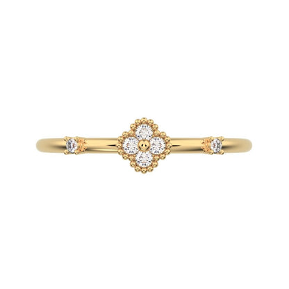 0.08 ct Round Cut Simulated Clear Diamond dainty Minimalist floral clover leaf cluster halo light 14K / 18K Solid Yellow Gold everyday ring