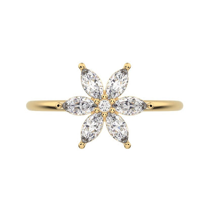 0.61 ct Marquise Cut Simulated Clear Diamond dainty Minimalist cluster halo eye floral star 14K / 18K Solid Yellow Gold everyday ring