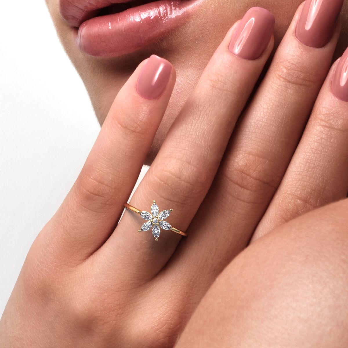 0.61 ct Marquise Cut Moissanite dainty Minimalist cluster halo eye floral star 14K / 18K Solid Yellow Gold everyday ring