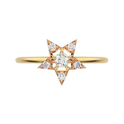 0.135 ct Round Cut Moissanite dainty Minimalist halo star snow flake cluster 14K / 18K Solid Yellow Gold everyday ring
