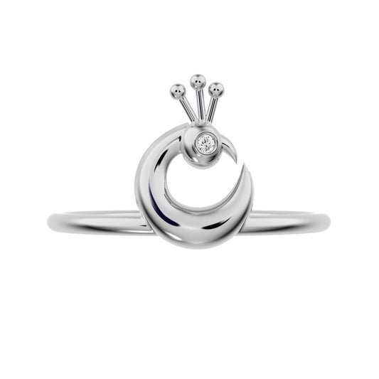 0.0075 ct Round Cut Simulated Clear Diamond dainty Minimalist Peacock half moon Artistic vertical 14K / 18K Solid White Gold everyday ring