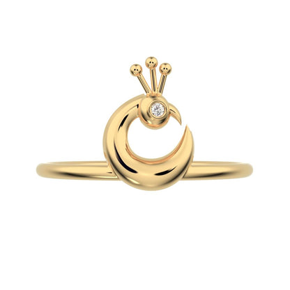 0.0075 ct Round Cut Moissanite dainty Minimalist Peacock half moon Artistic vertical light 14K / 18K Solid Yellow Gold everyday ring
