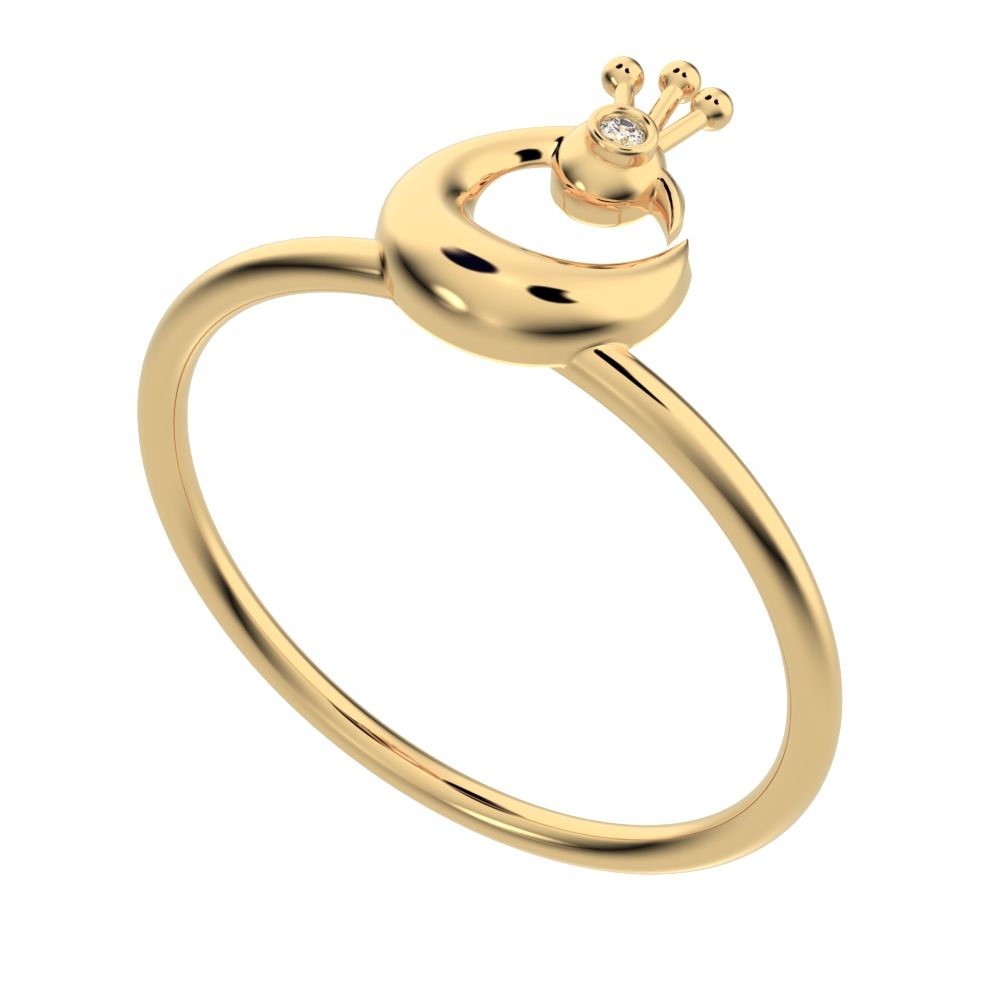 0.0075 ct Round Cut Moissanite dainty Minimalist Peacock half moon Artistic vertical light 14K / 18K Solid Yellow Gold everyday ring