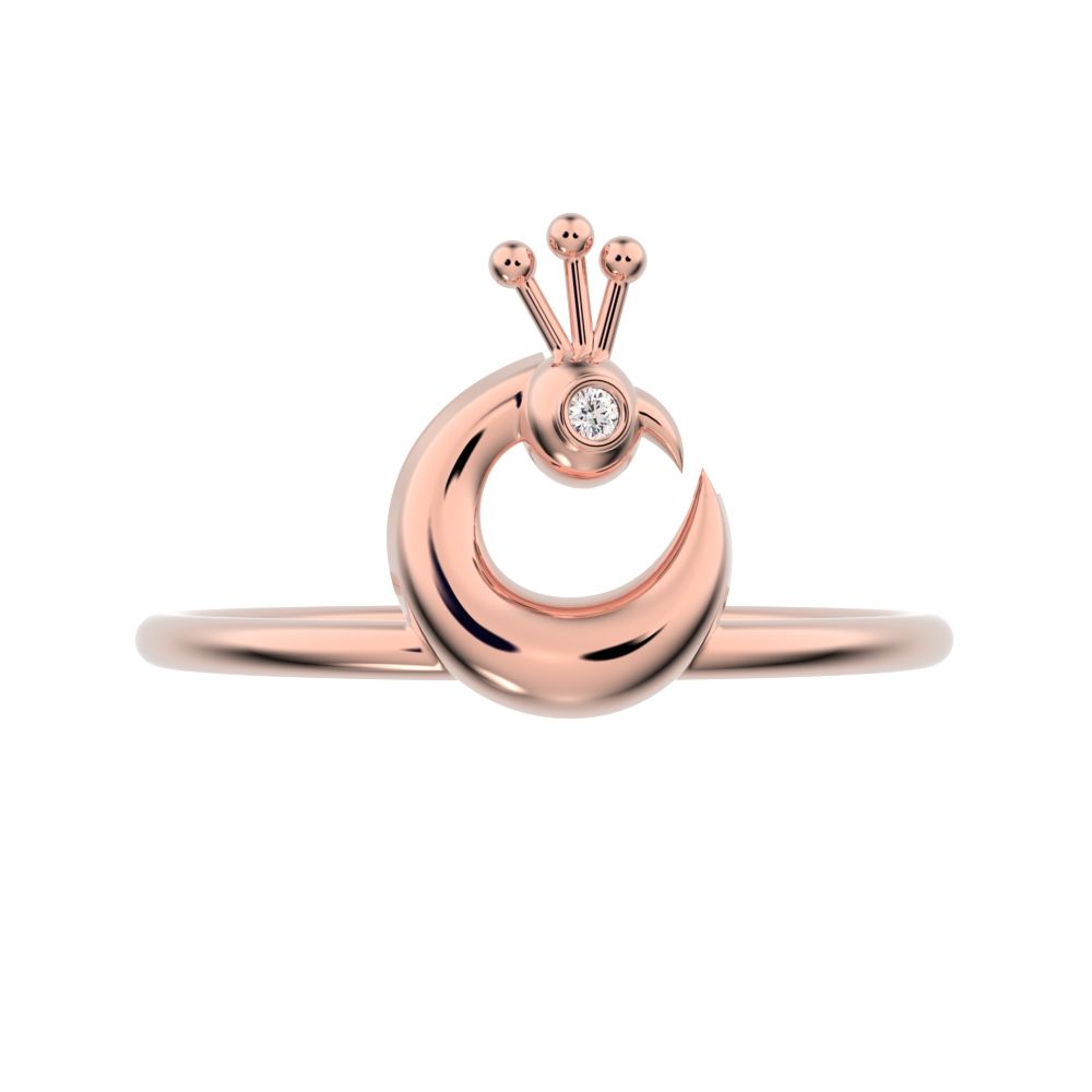 0.0075 ct Round Cut Simulated Clear Diamond dainty Minimalist Peacock half moon Artistic vertical 14K / 18K Solid Rose Gold everyday ring