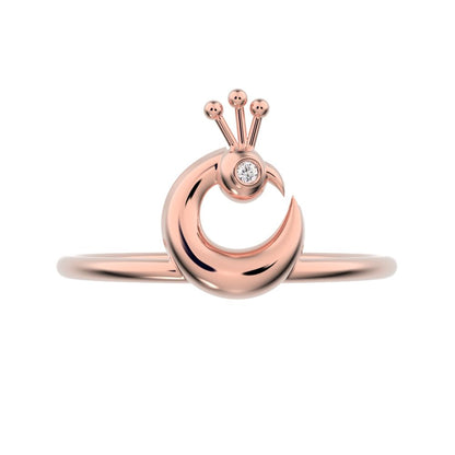 0.0075 ct Round Cut Simulated Clear Diamond dainty Minimalist Peacock half moon Artistic vertical 14K / 18K Solid Rose Gold everyday ring