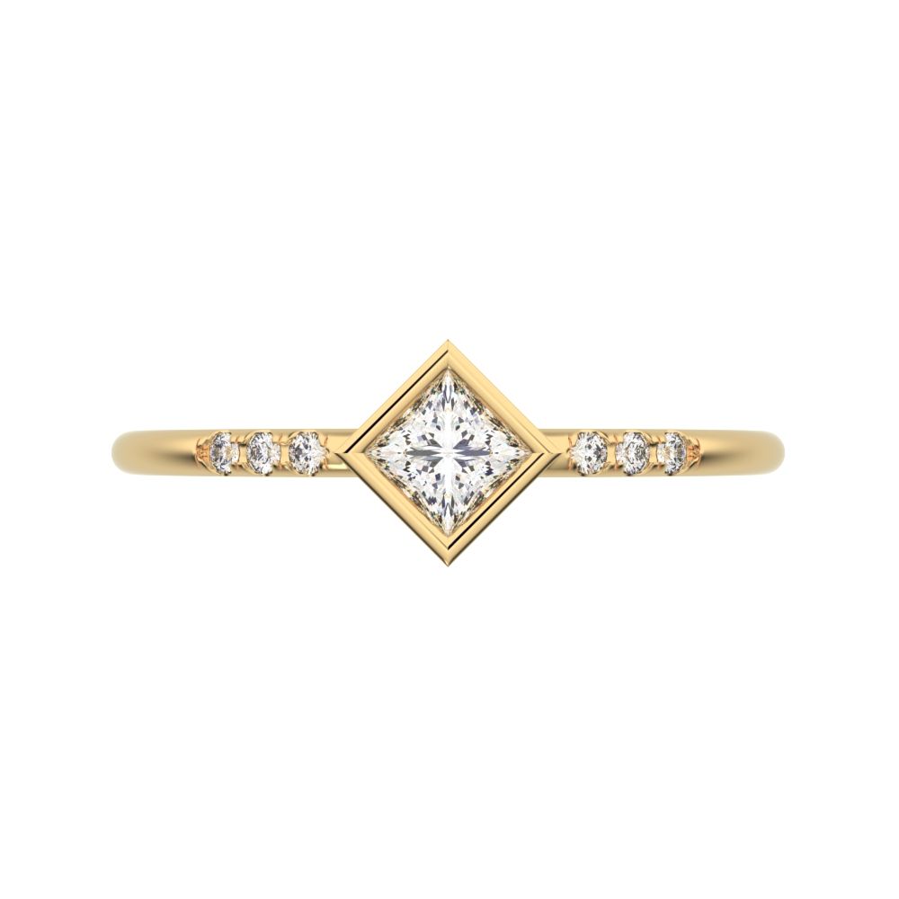 0.225Ct Princess Cut Simulated Clear Diamond Minimalist Stackable star solitaire with accents 14K / 18K Solid Yellow Gold everyday ring