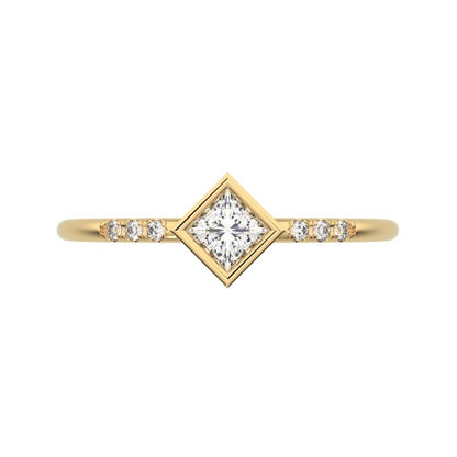 0.225Ct Princess Cut Simulated Clear Diamond Minimalist Stackable star solitaire with accents 14K / 18K Solid Yellow Gold everyday ring