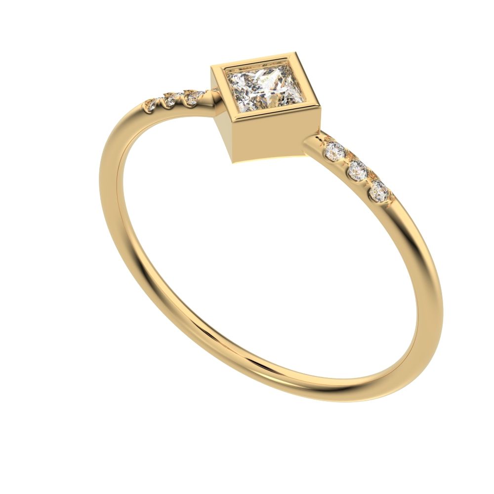 0.225Ct Princess Cut Simulated Clear Diamond Minimalist Stackable star solitaire with accents 14K / 18K Solid Yellow Gold everyday ring