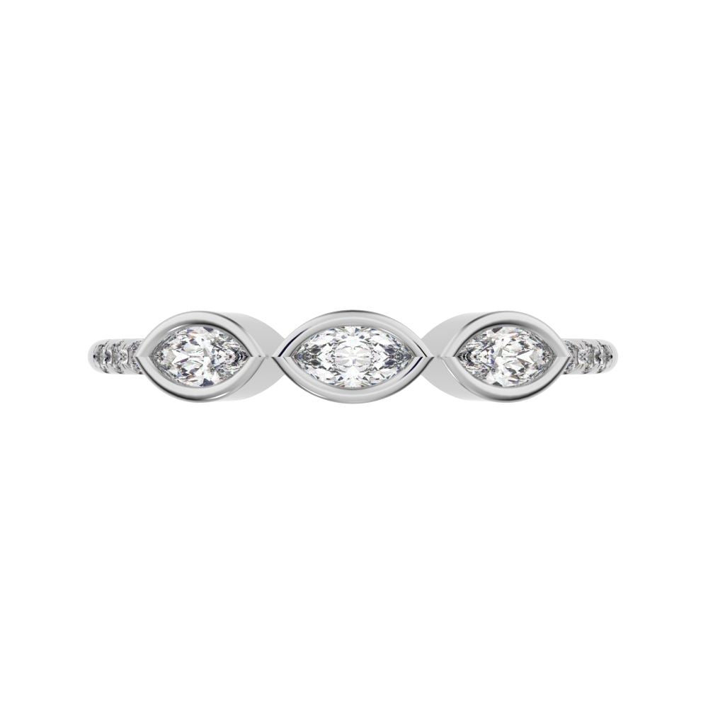 0.345 ct Marquise Cut Moissanite dainty Minimalist art deco eye 3 stone Stackable light 14K / 18K Solid White Gold everyday wedding band