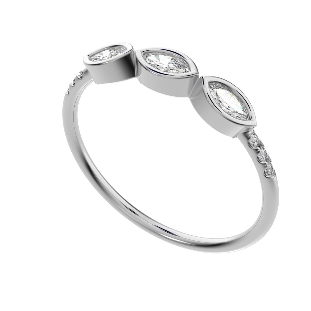0.345 ct Marquise Cut Moissanite dainty Minimalist art deco eye 3 stone Stackable light 14K / 18K Solid White Gold everyday wedding band