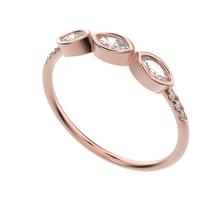 0.345 ct Marquise Cut Moissanite dainty Minimalist art deco eye 3 stone Stackable light 14K / 18K Solid Rose Gold everyday wedding band