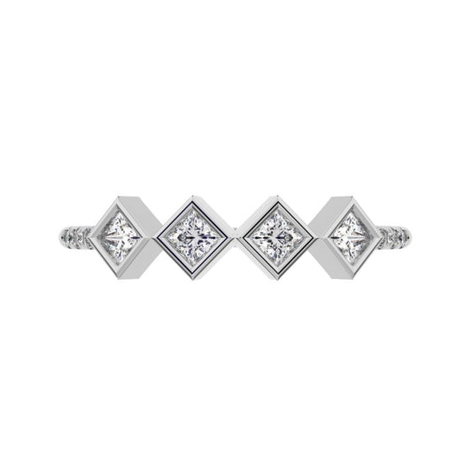0.285Ct Princess Cut Moissanite Minimalist square art deco bezel Stackable half eternity 14K / 18K Solid White Gold everyday wedding band