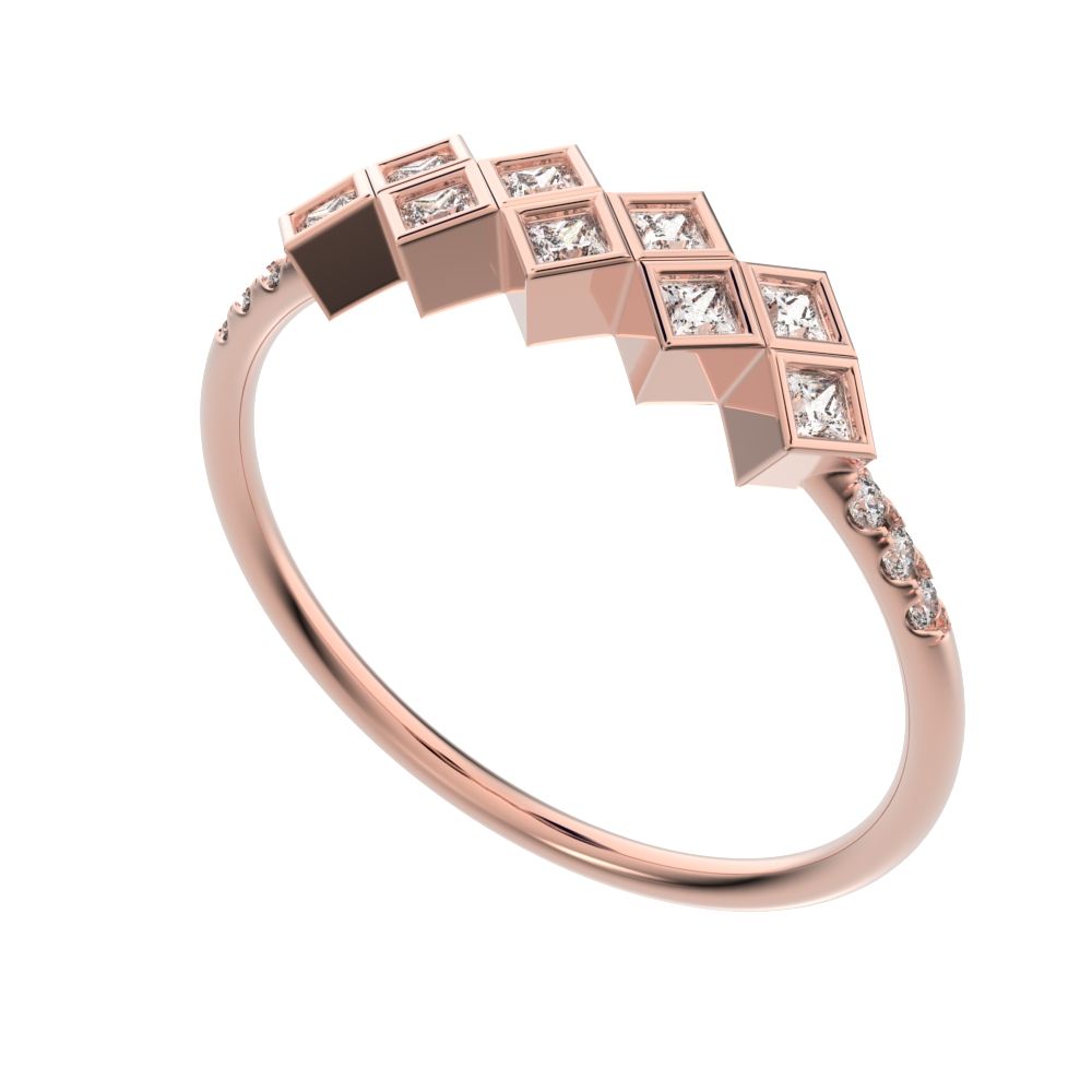 0.18 ct Princess Cut Moissanite dainty Minimalist square art deco bezel Stackable cluster 14K / 18K Solid Rose Gold everyday wedding band