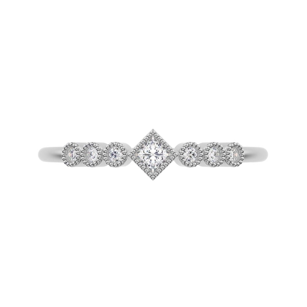 0.105 ct Princess Cut Moissanite dainty halo Minimalist solitaire with accents bezel milgrain 14K / 18K Solid White Gold everyday ring