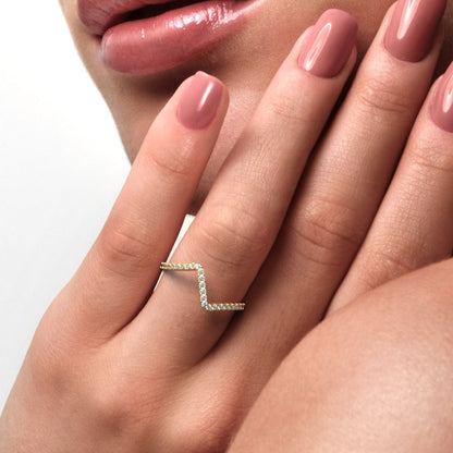0.195 ct Round Cut Moissanite dainty Minimalist zigzag chevron Stackable light 14K / 18K Solid Yellow Gold everyday wedding band